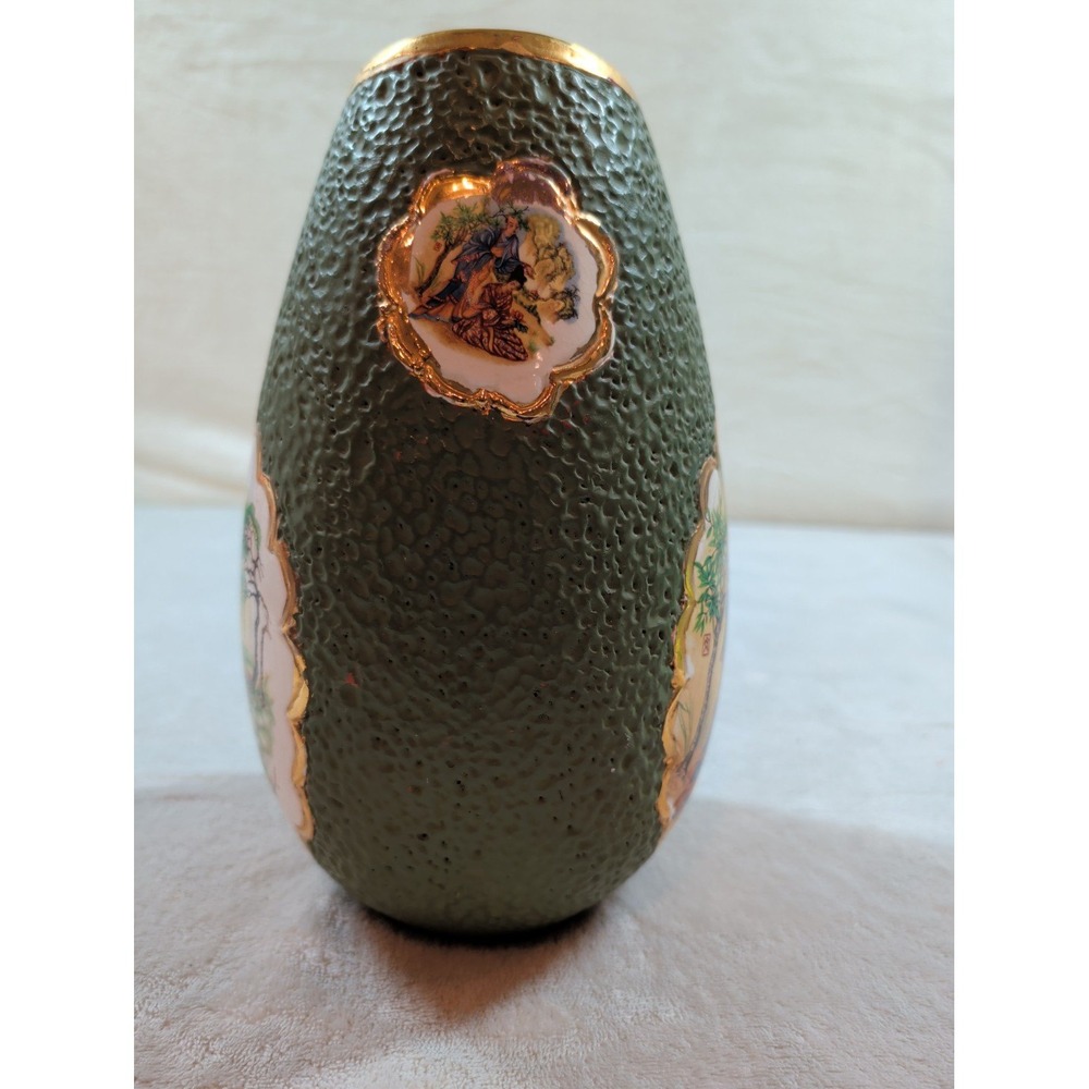 Vintage Japanese Satsuma Style Textured Green Lava Glaze Gilt Porcelain Vase - Picture 3 of 12